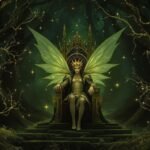 Príncipe das fadas em trono, floresta escura e mágica.
