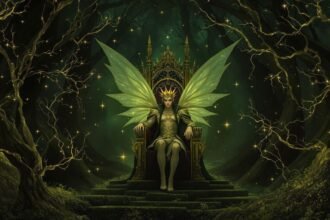Príncipe das fadas em trono, floresta escura e mágica.