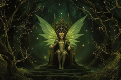 Príncipe das fadas em trono, floresta escura e mágica.