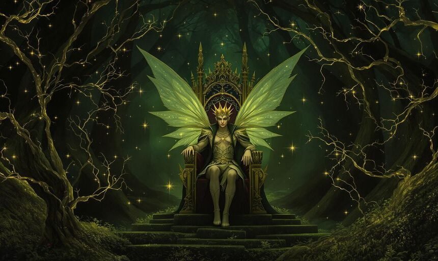 Príncipe das fadas em trono, floresta escura e mágica.