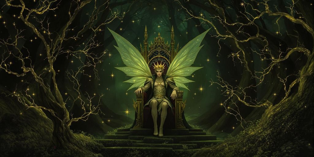 Príncipe das fadas em trono, floresta escura e mágica.